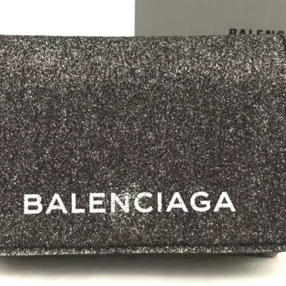 Authentic BALENCIAGA Logo Glitter Leather Trifold Wallet Black with box - Picture 9 of 15